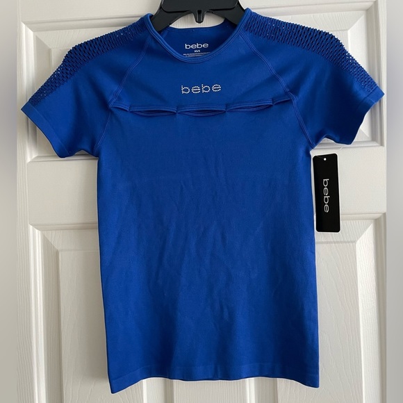 NWT BEBE Swarovski Crystals Blue SURF THE WEB Stretch Tee Mesh Peekaboo Top XS S - Picture 1 of 6